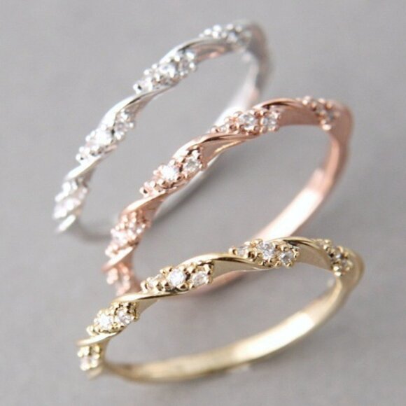 💞925 Sterling Silver Plated Thin Twisted CZ Wedding Ring, MLNN1112 - Picture 2 of 2